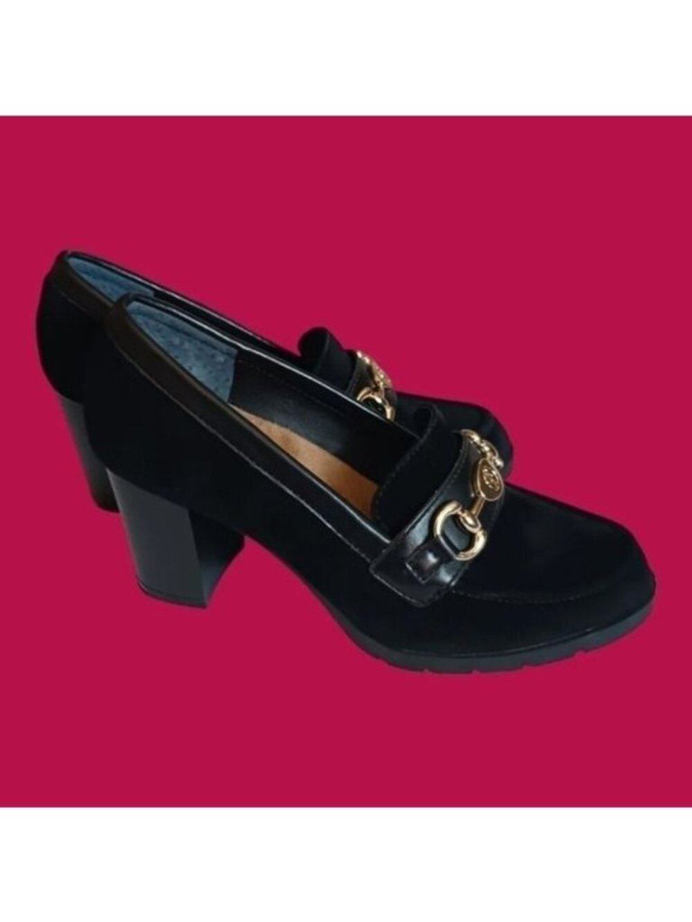 Giani Bernini Women’s Suede Loafer Pumps Gold Horsebit Block Heel Black Size 5M - Picture 4 of 14